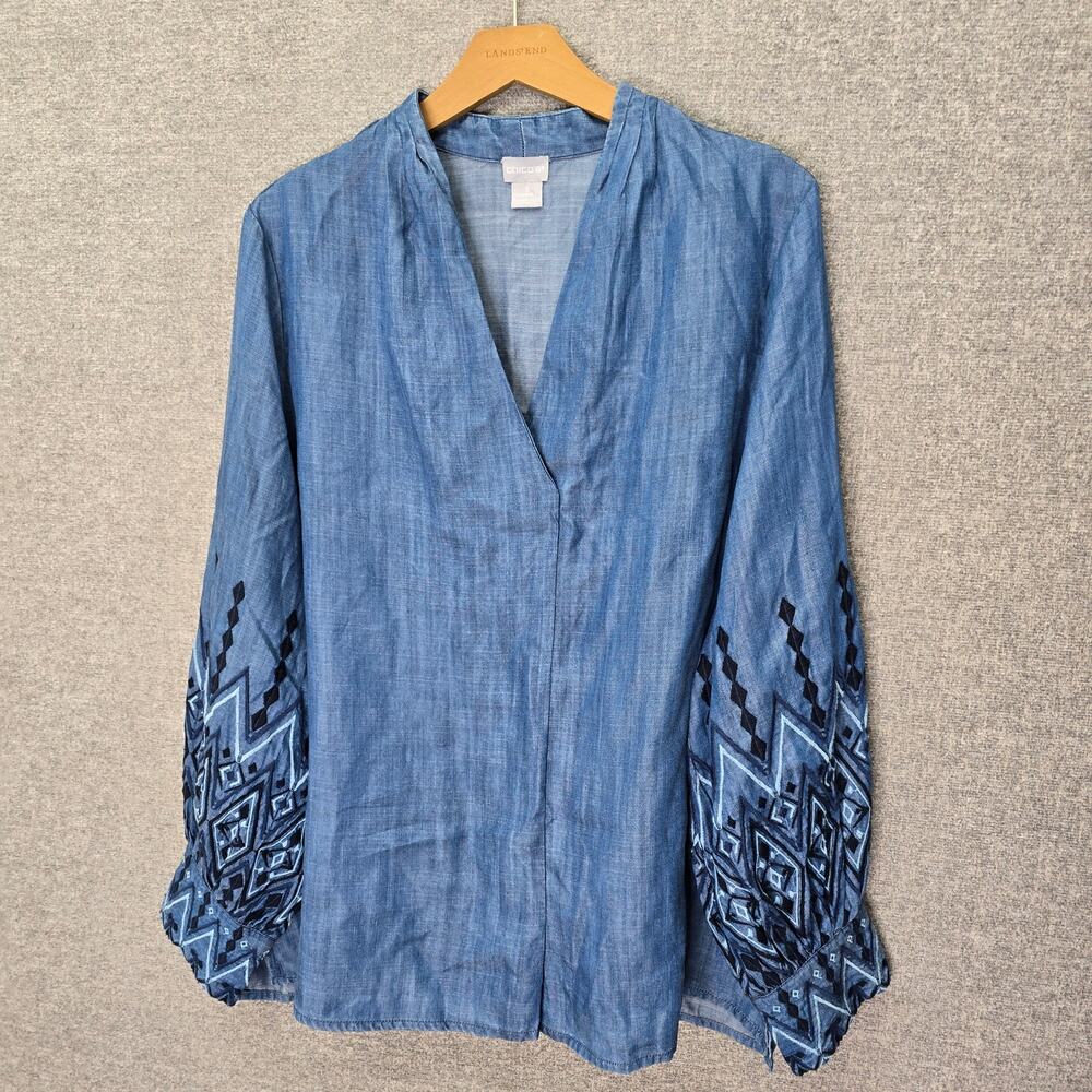 CHICO’S CHAMBRAY EMBROIDERED SLEEVES BLOUSE, SIZE 3